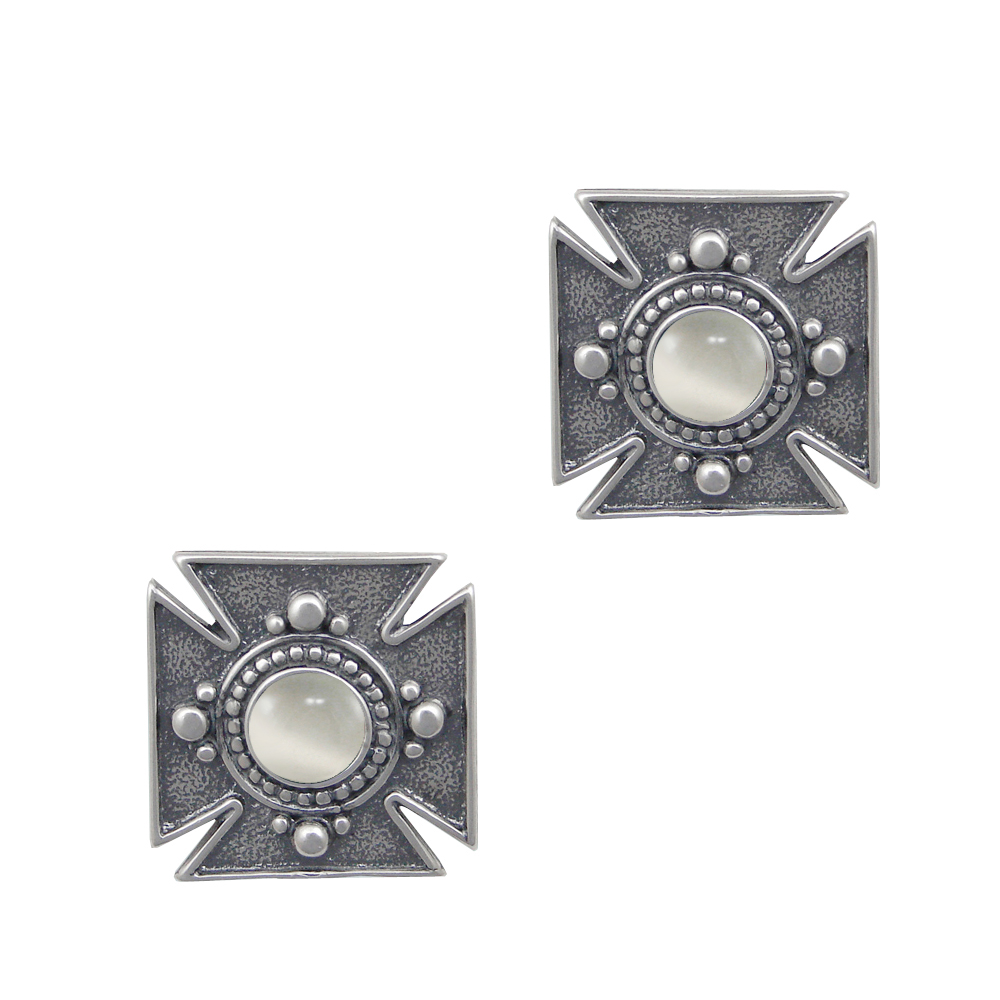 Sterling Silver Small Iron Cross Post Stud Earrings With White Moonstone